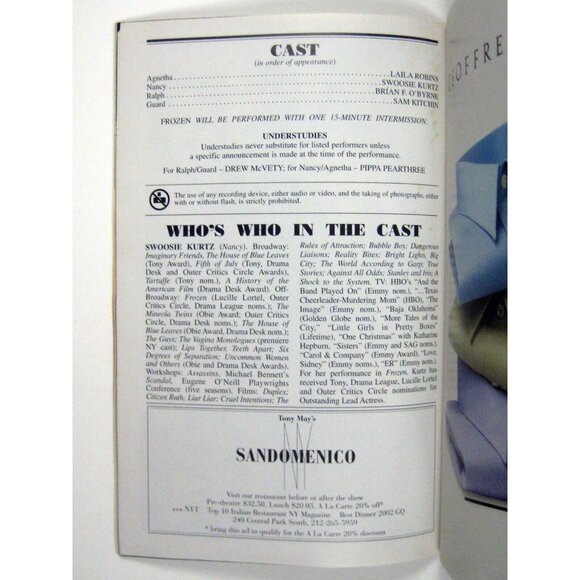 Frozen Playbill June 2004 Swoosie Kurtz Brian O'Byrne Robins Kitchin Theatre - Picture 6 of 7